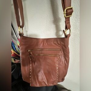 Elegant Brown Leather Shoulder Bag with Studs